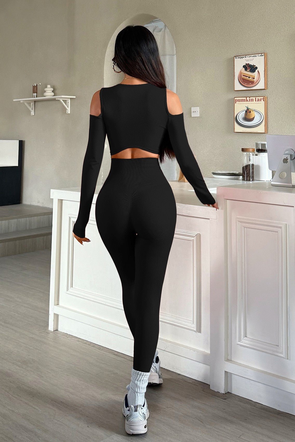 Blaire Sport Luxury Athleisure Cut - Out Shoulder Top & Legging Set - Black gym wear for women Vacation Outfits Birthday Dresses Going Out Looks