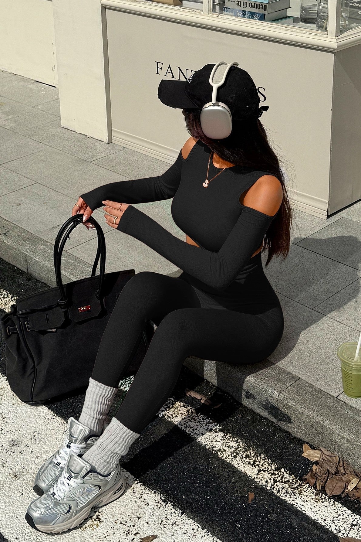 Blaire Sport Luxury Athleisure Cut - Out Shoulder Top & Legging Set - Black gym wear for women Vacation Outfits Birthday Dresses Going Out Looks