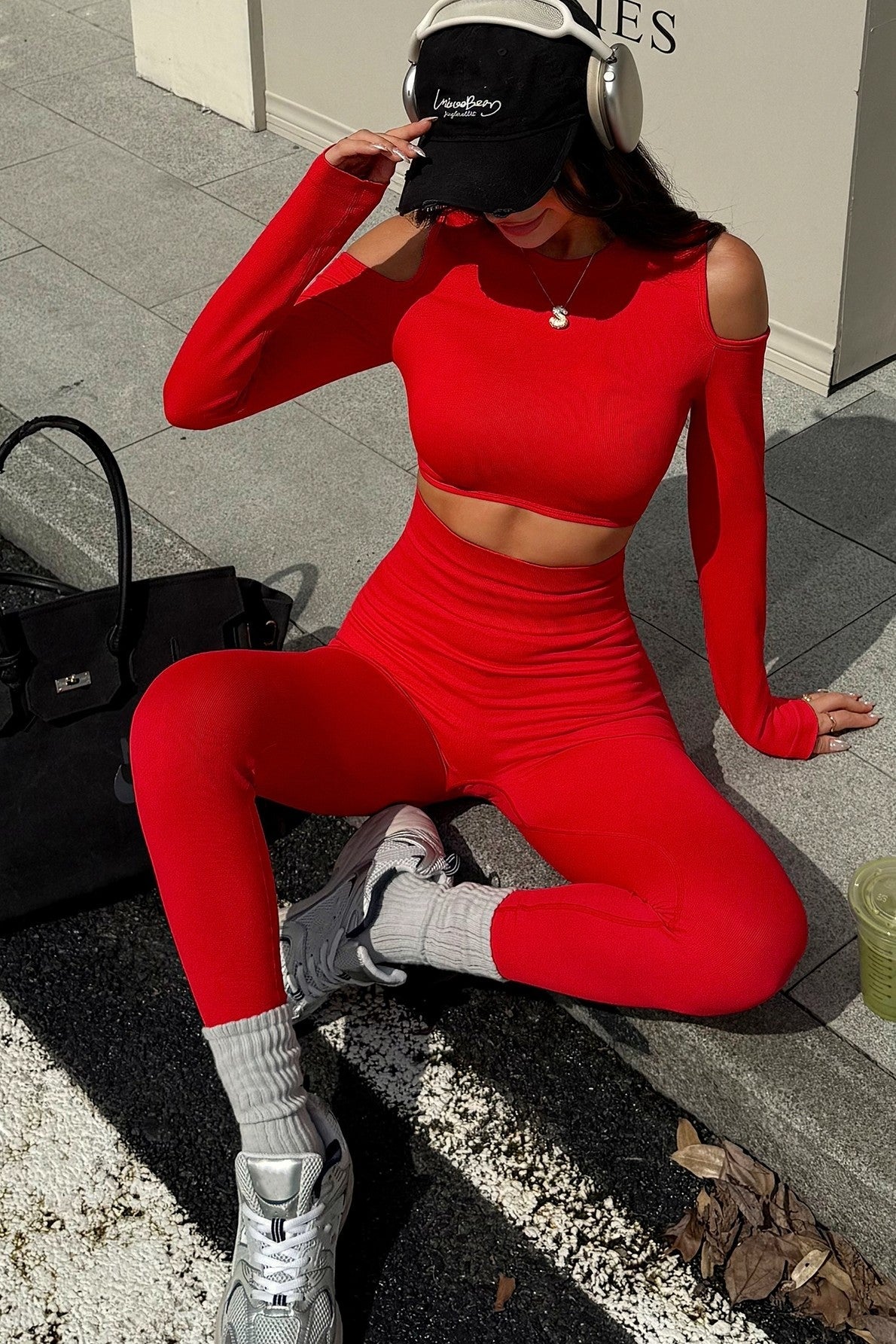 Blaire Sport Luxury Athleisure Cut - Out Shoulder Top & Legging Set - Red gym wear for women Vacation Outfits Birthday Dresses Going Out Looks