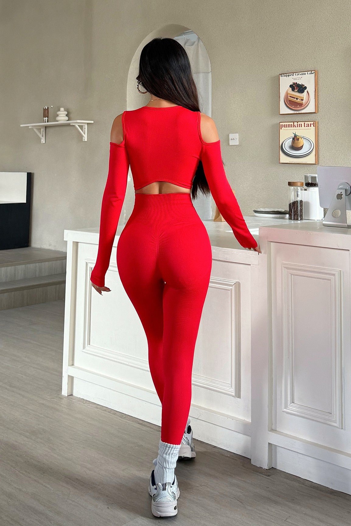Blaire Sport Luxury Athleisure Cut - Out Shoulder Top & Legging Set - Red gym wear for women Vacation Outfits Birthday Dresses Going Out Looks