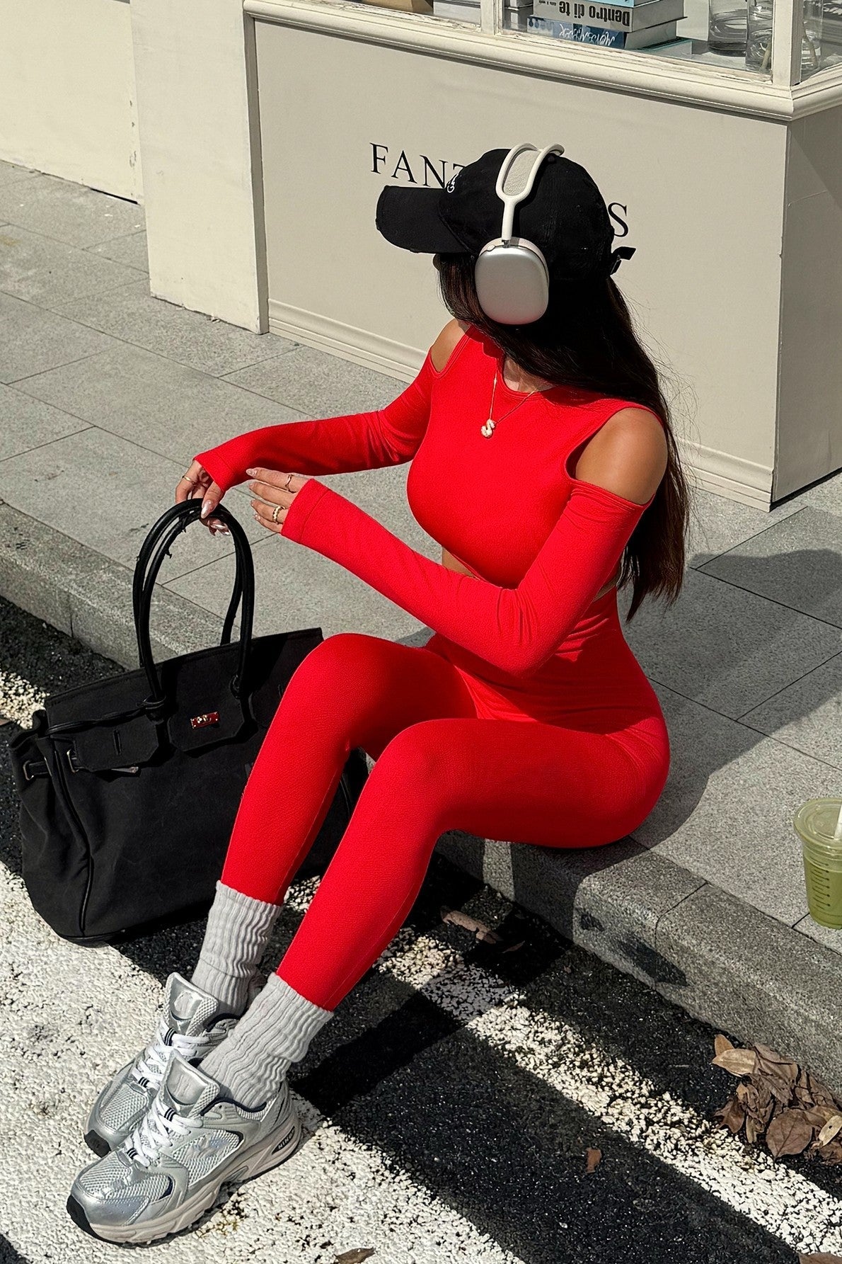 Blaire Sport Luxury Athleisure Cut - Out Shoulder Top & Legging Set - Red gym wear for women Vacation Outfits Birthday Dresses Going Out Looks