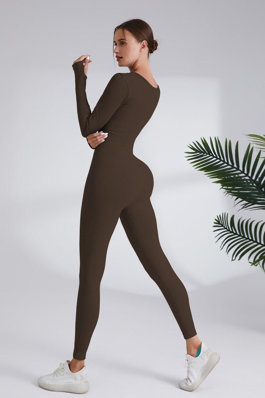 Blaire Sport Serenity Square Neck Ribbed Long Sleeve Gym Jumpsuit - Blaire Shops