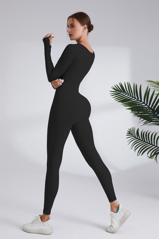 Blaire Sport Serenity Square Neck Ribbed Long Sleeve Gym Jumpsuit - Blaire Shops