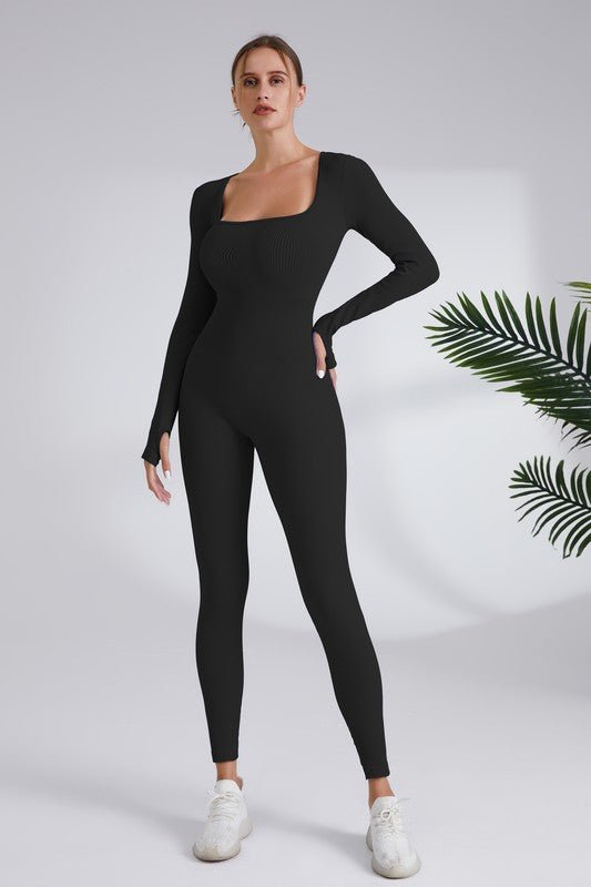 Blaire Sport Serenity Square Neck Ribbed Long Sleeve Gym Jumpsuit - Blaire Shops