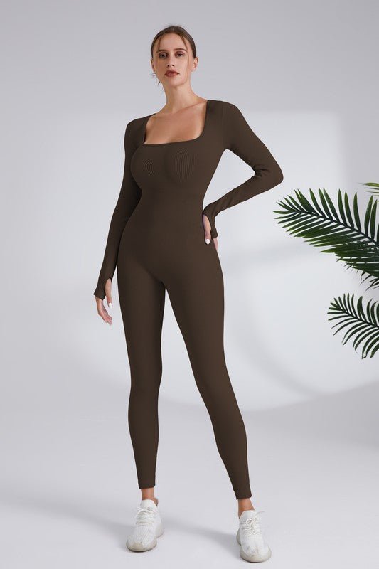 Blaire Sport Serenity Square Neck Ribbed Long Sleeve Gym Jumpsuit - Blaire Shops