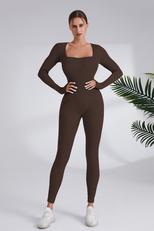Blaire Sport Serenity Square Neck Ribbed Long Sleeve Gym Jumpsuit - Blaire Shops