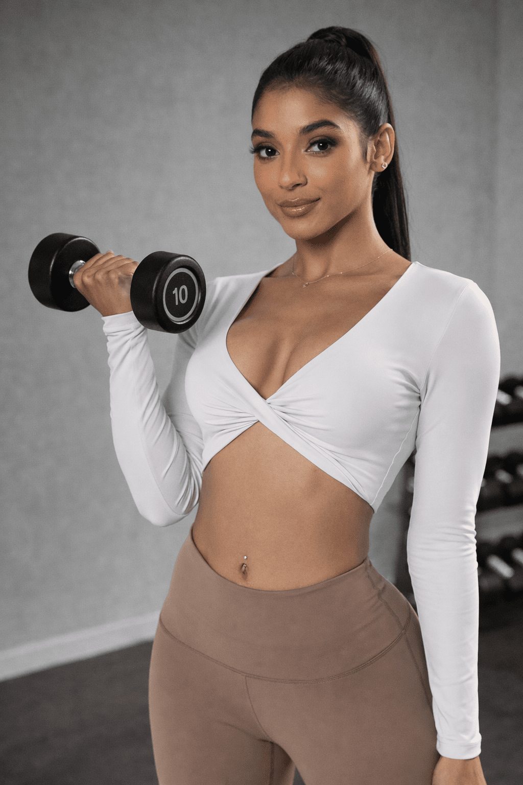 Blaire Sport Twist Knot Long Sleeve Workout Crop Top with Bra - Ivory BRA for women Vacation Outfits Birthday Dresses Going Out Looks
