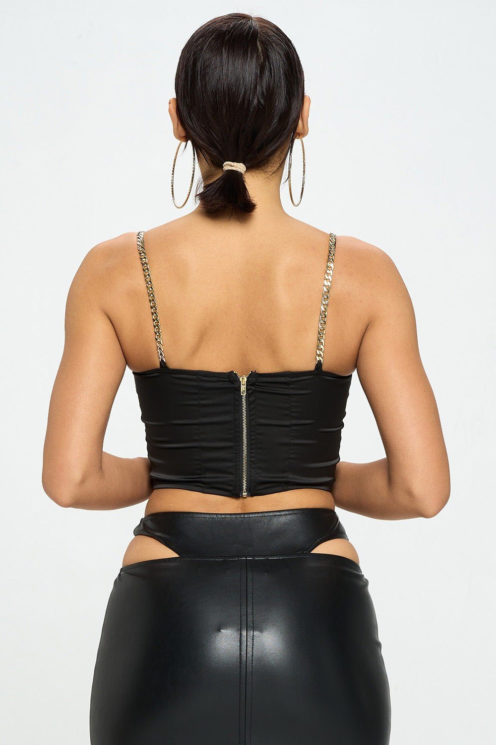 Brittney Gold Chain Strap Satin Solid Bustier Crop Top - Blaire Shops