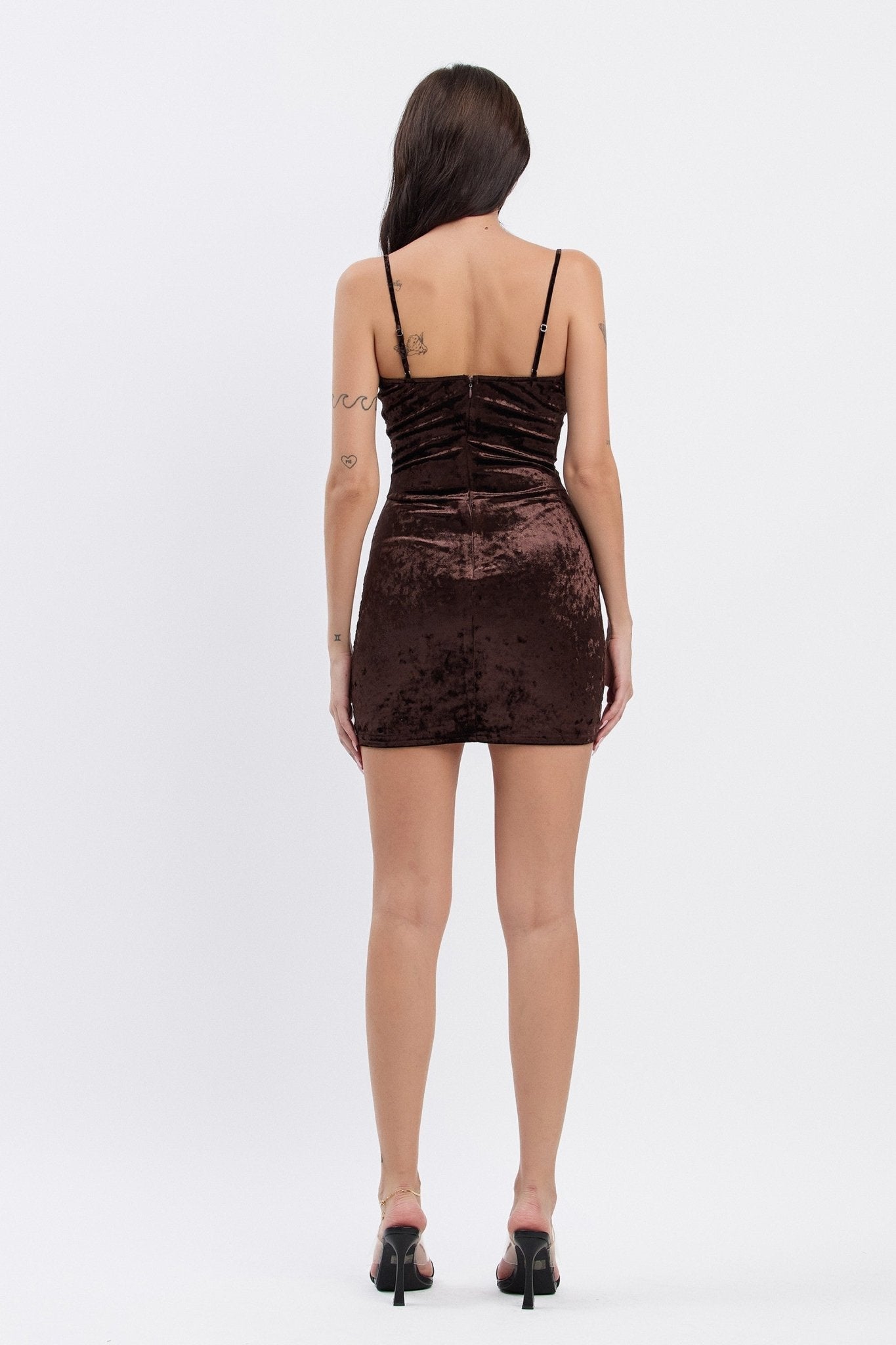 Brown Crushed Velvet Lace Contrast Mini Dress | Trendy Bodycon Party Dress - Blaire Shops