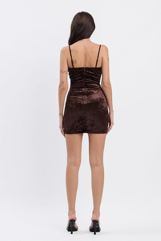 Brown Crushed Velvet Lace Contrast Mini Dress | Trendy Bodycon Party Dress - Blaire Shops