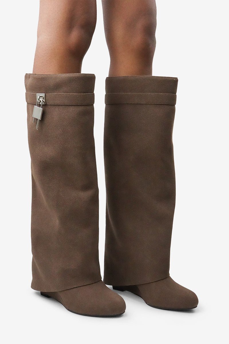 Brown Suede Knee - High Boots with Silver Lock Detail – Luxe Minimalist Edge - Blaire Shops