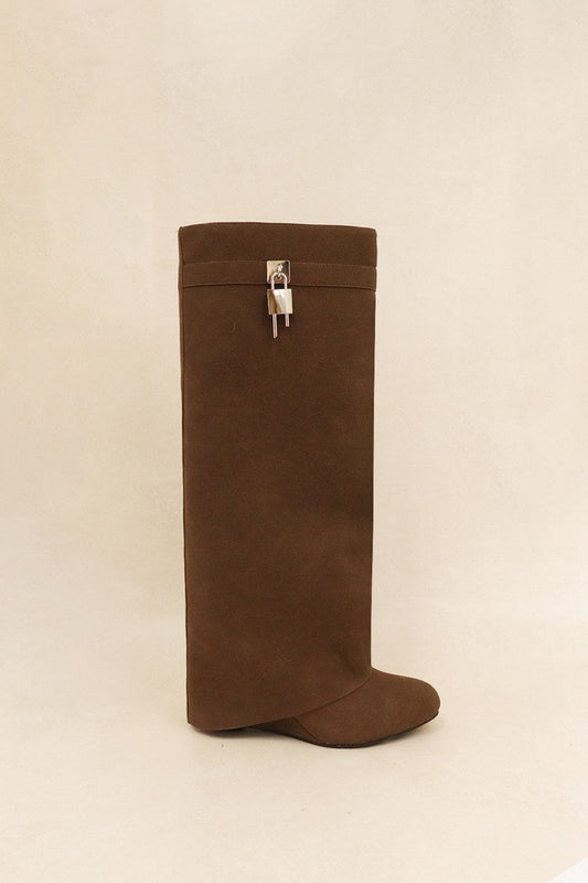 Brown Suede Knee - High Boots with Silver Lock Detail – Luxe Minimalist Edge - Blaire Shops
