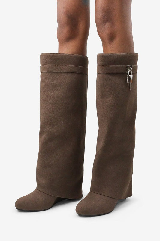 Brown Suede Knee - High Boots with Silver Lock Detail – Luxe Minimalist Edge - Blaire Shops
