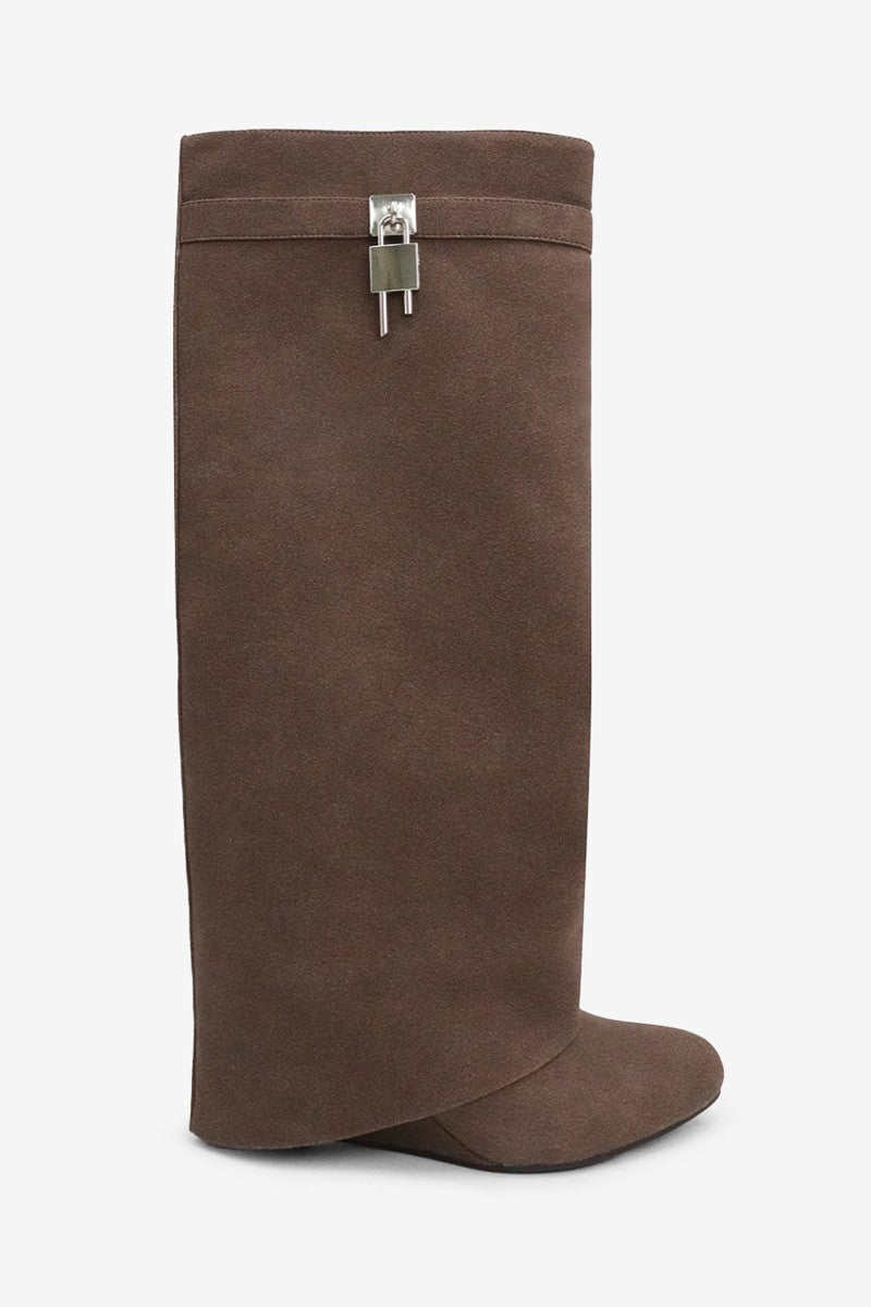 Brown Suede Knee - High Boots with Silver Lock Detail – Luxe Minimalist Edge - Blaire Shops