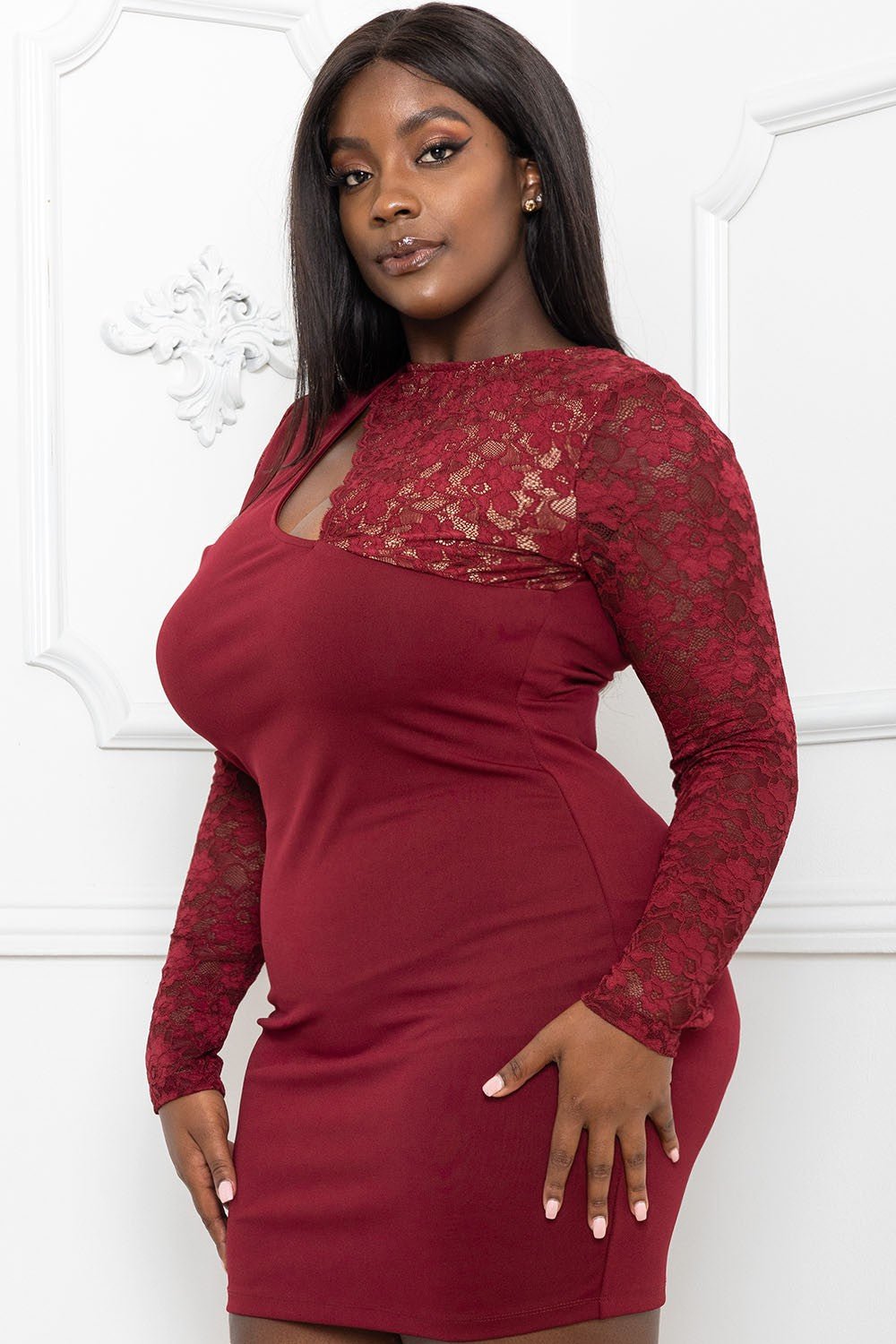 Burgundy Lace Panel Plus Size Mini Dress – Long Sleeve, Keyhole Front & Ruched Fit - Blaire Shops