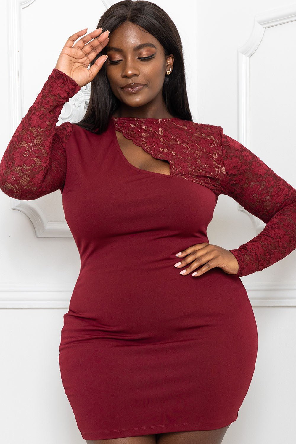 Burgundy Lace Panel Plus Size Mini Dress – Long Sleeve, Keyhole Front & Ruched Fit - Blaire Shops