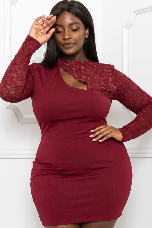 Burgundy Lace Panel Plus Size Mini Dress – Long Sleeve, Keyhole Front & Ruched Fit - Blaire Shops