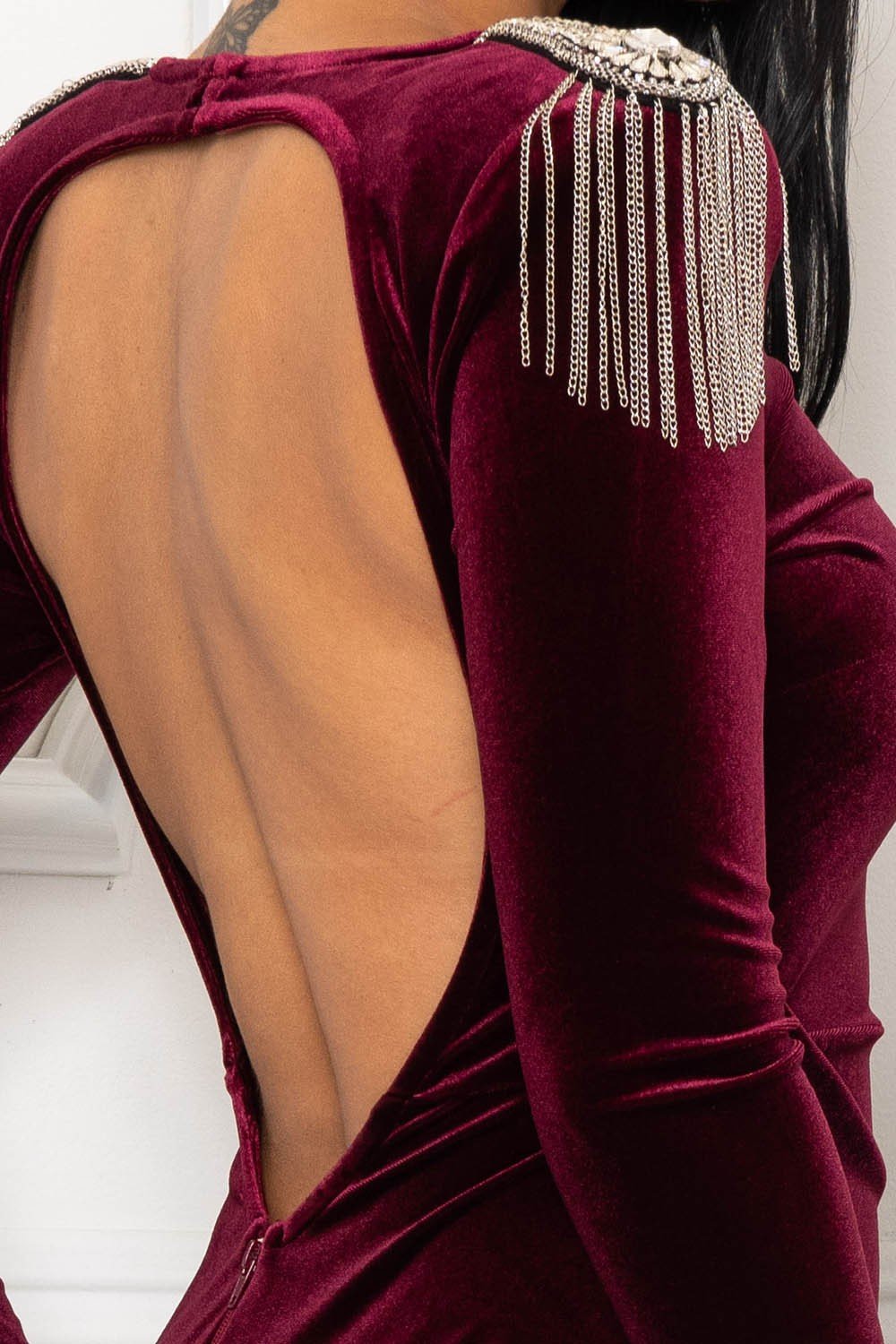 Burgundy Velvet Beaded Fringe Shoulder Maxi Dress – Open Back, Long Sleeve & Side Slit - Blaire Shops