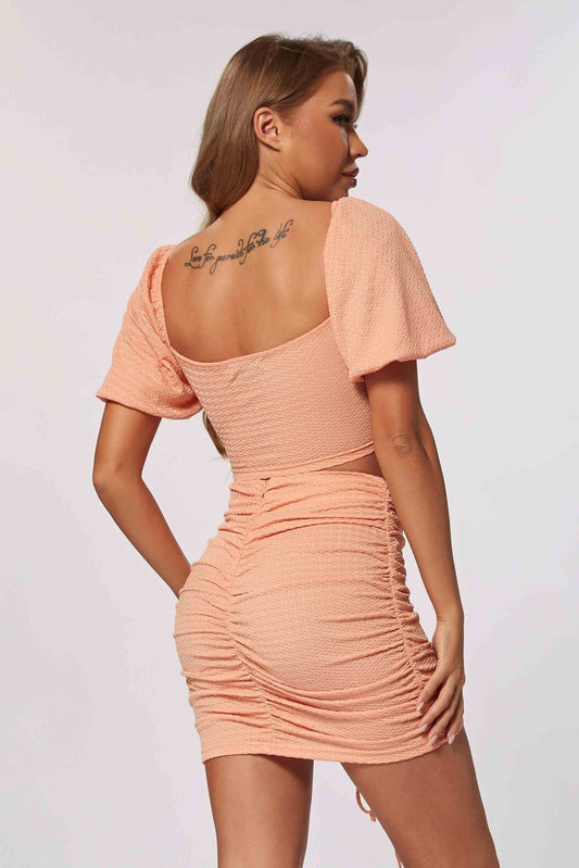 Cali Orange Crop Top Mini Skirt Set with Drawstring Detail and Stylish String Accents - Blaire Shops