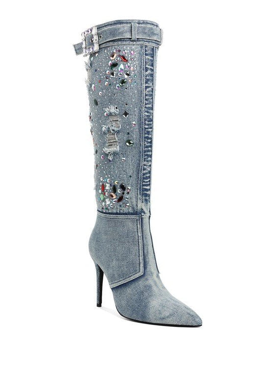 Camila Multi - Color Stone Denim Boots – Sparkly High Heel Statement Footwear - Blaire Shops