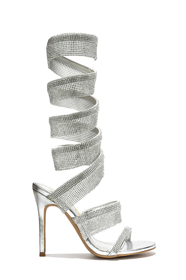 Cape Robbin Fred Silver Rhinestone Wrap Heels - Silver heels for women Vacation Outfits Birthday Dresses Going Out Looks