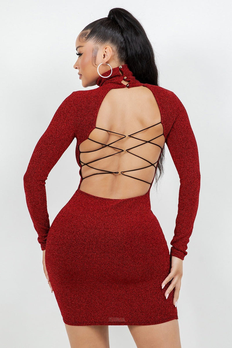 Celeste Glitter Mock Neck Open Strappy Back Dress - Blaire Shops
