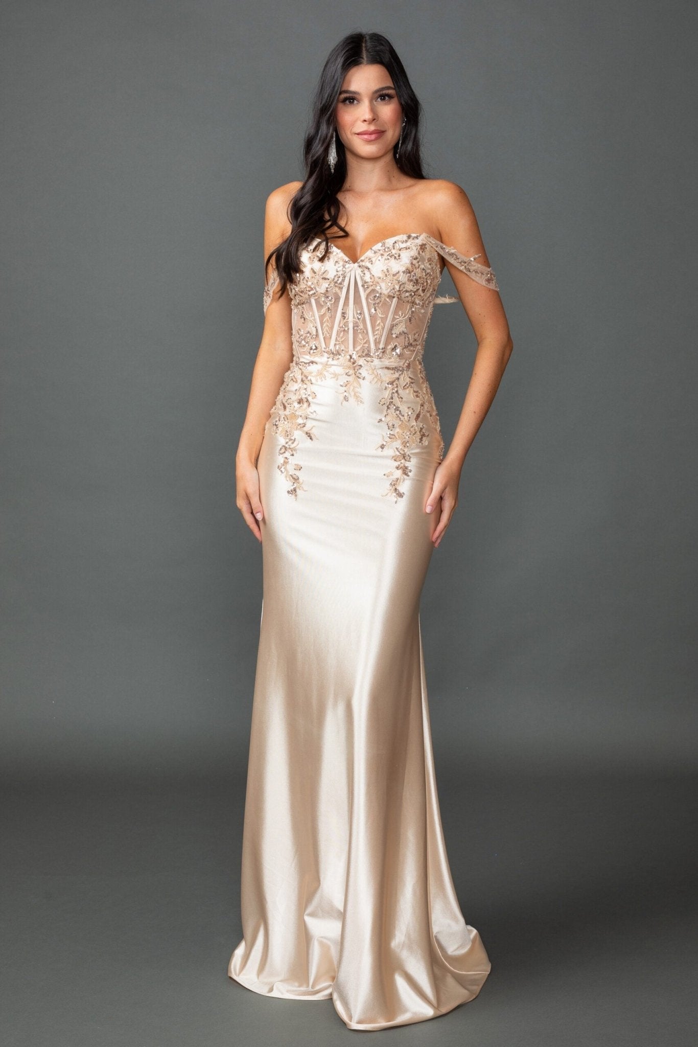 Celestia Beaded Corset Satin Mermaid Prom Gown - Champagne DRESS for women Vacation Outfits Birthday Dresses Going Out Looks