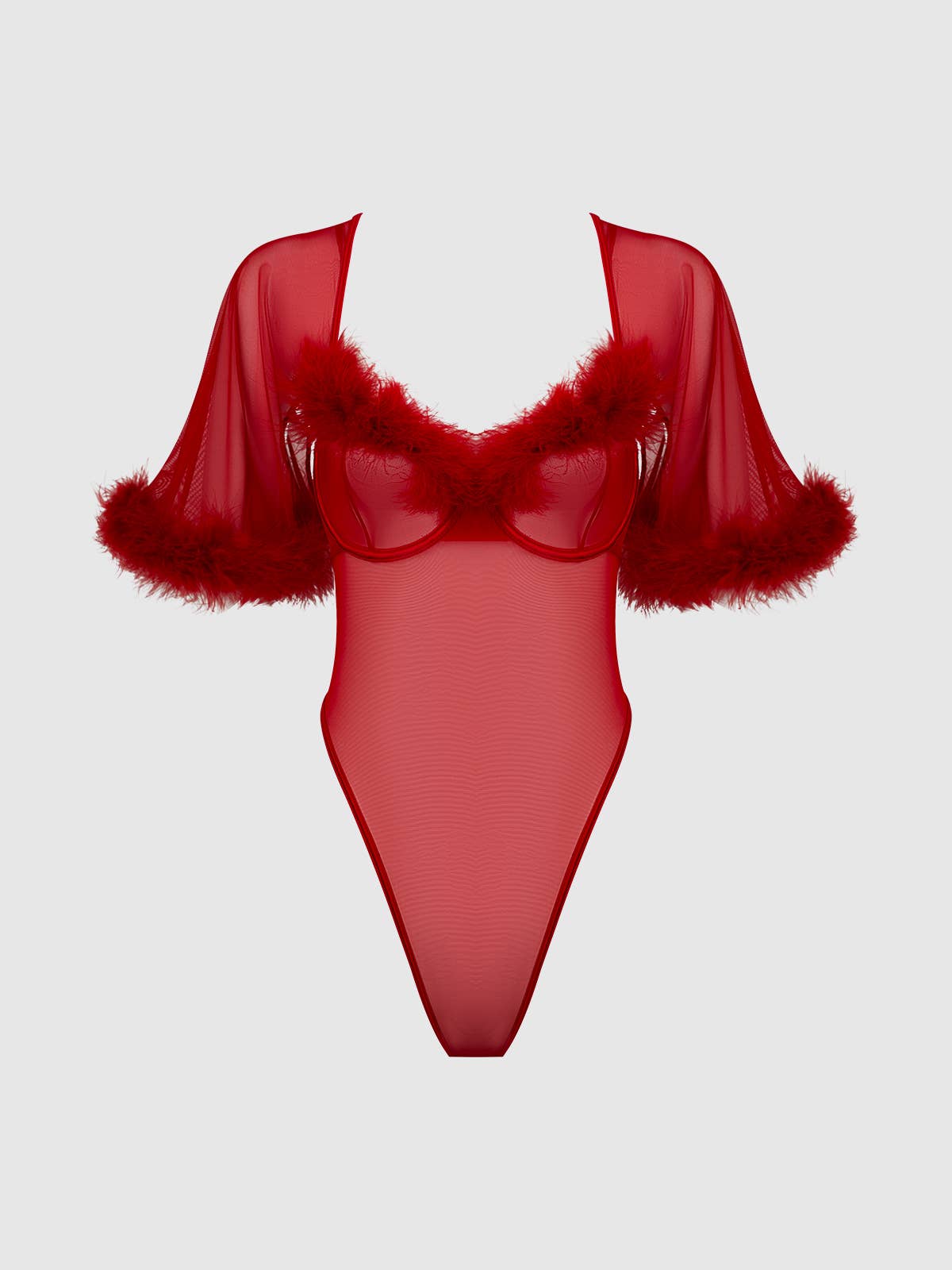 a red bodysuit with red feathers on it