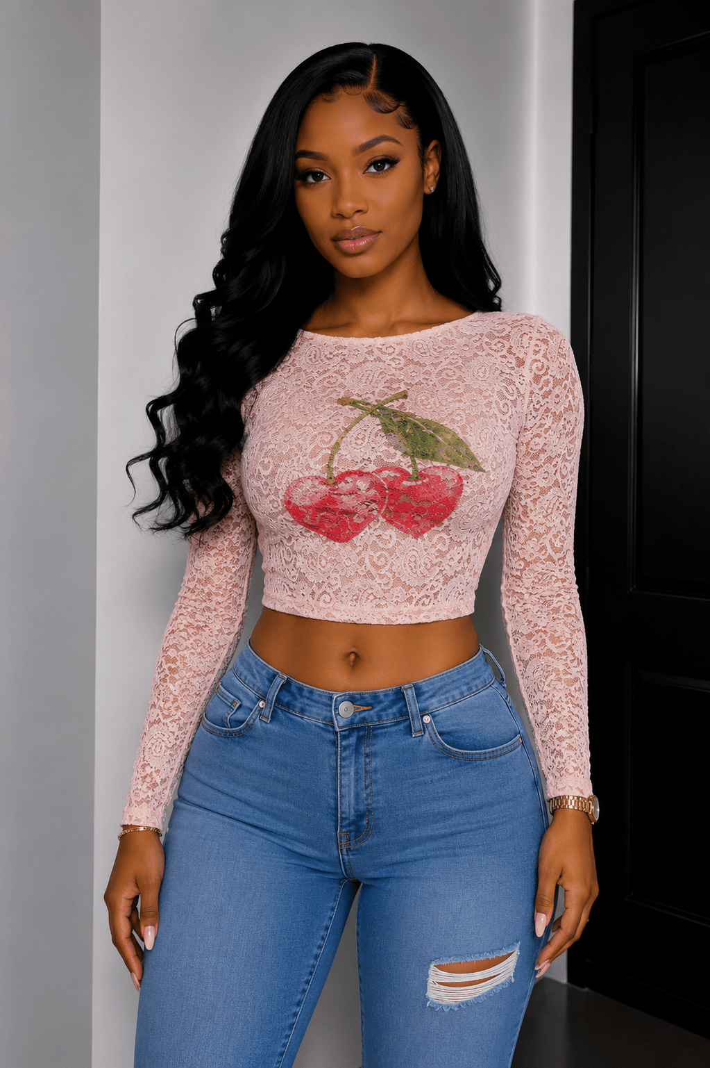 Cherry Kiss Sheer Lace Crop Top – Long Sleeve Graphic Mesh Top - S Crop Top for women Vacation Outfits Birthday Dresses Going Out Looks