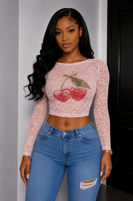 Cherry Kiss Sheer Lace Crop Top – Long Sleeve Graphic Mesh Top - S Crop Top for women Vacation Outfits Birthday Dresses Going Out Looks