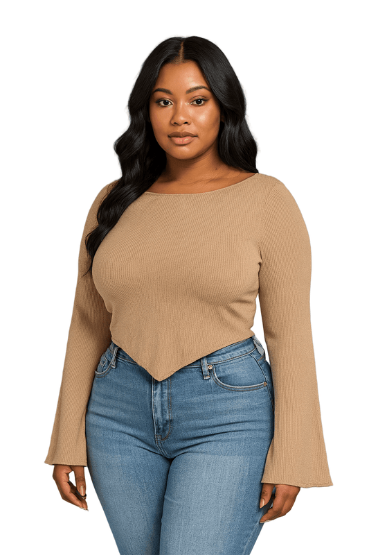 Chic Bell Sleeve Crop Top with Ribbed Knit Texture and Asymmetrical Hemline - Blaire Shops