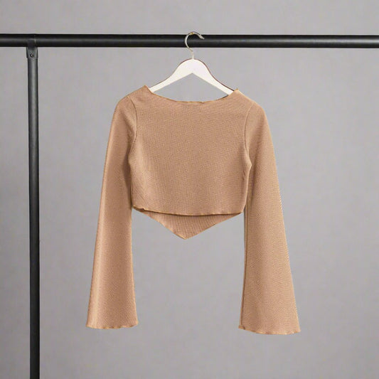 Chic Bell Sleeve Crop Top with Ribbed Knit Texture and Asymmetrical Hemline - Blaire Shops