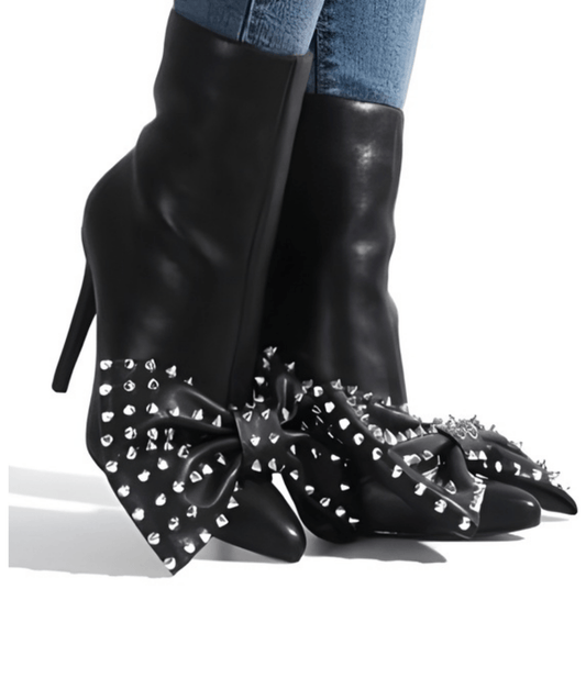 Chic Black Studded Bootie with Bow Tie Detail – Stylish & Comfortable Footwear for Any Occasion - Blaire Shops