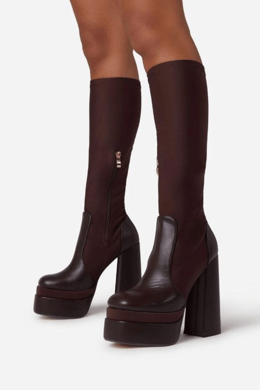 Chocolate Knee - High Platform Boots – Mixed Materials with Inner Zip - Blaire Shops