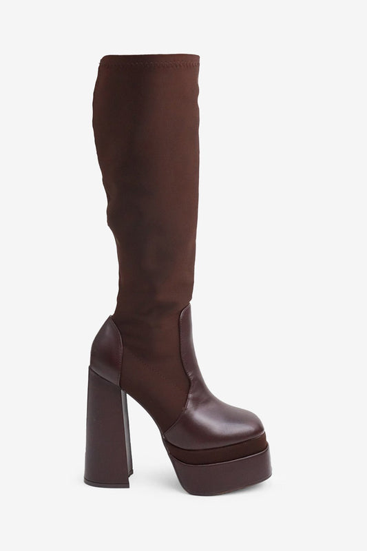 Chocolate Knee - High Platform Boots – Mixed Materials with Inner Zip - Blaire Shops