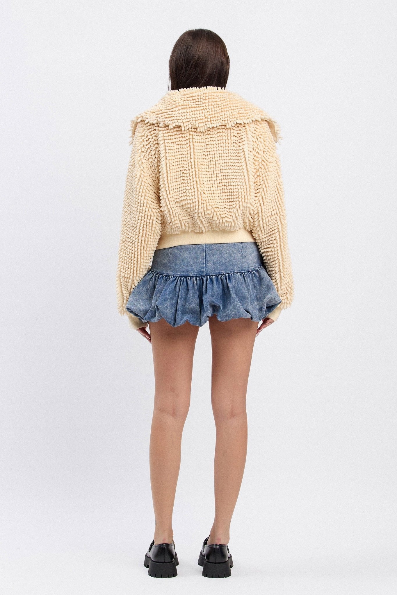 Chunky Collared Chenille Zip - Up Jacket | Cropped Oversized Trendy Streetwear - Blaire Shops