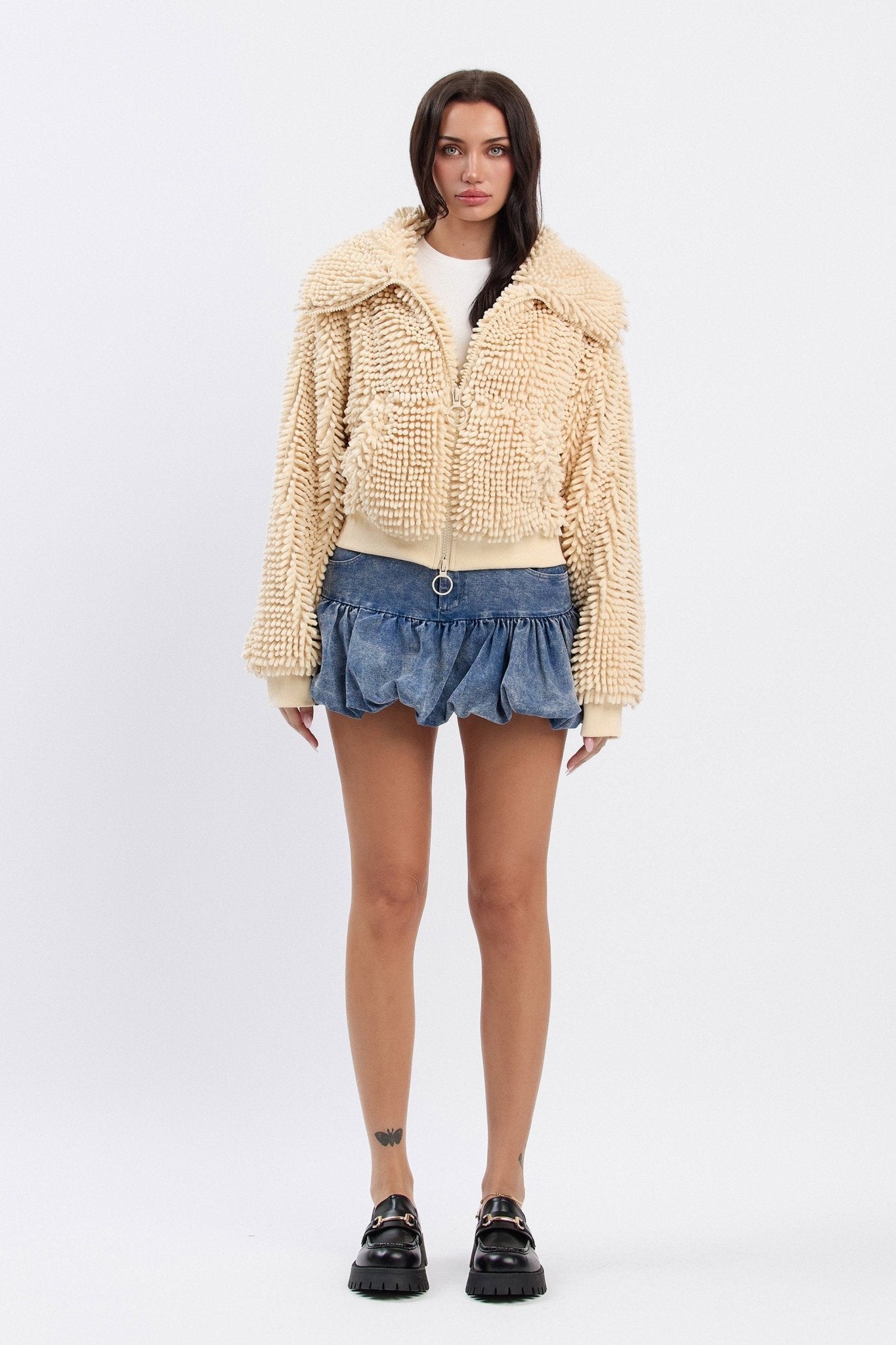 Chunky Collared Chenille Zip - Up Jacket | Cropped Oversized Trendy Streetwear - Blaire Shops