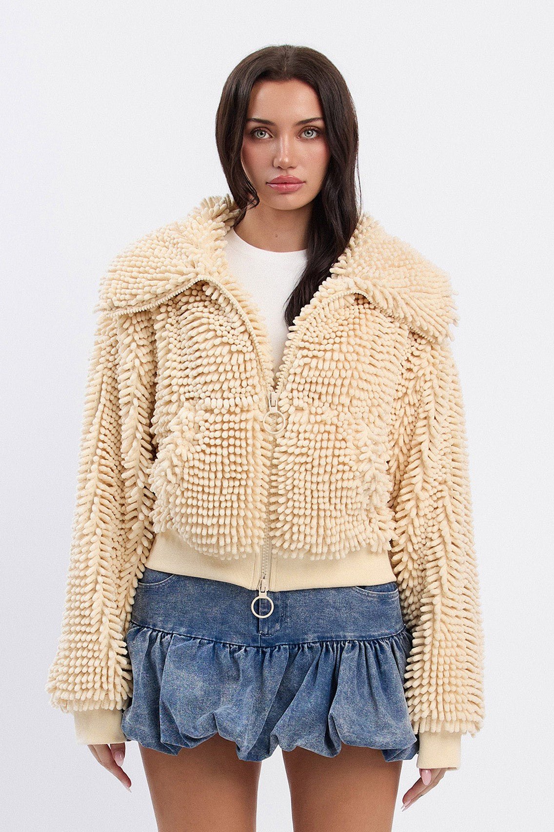 Chunky Collared Chenille Zip - Up Jacket | Cropped Oversized Trendy Streetwear - Beige jacket for women Vacation Outfits Birthday Dresses Going Out Looks