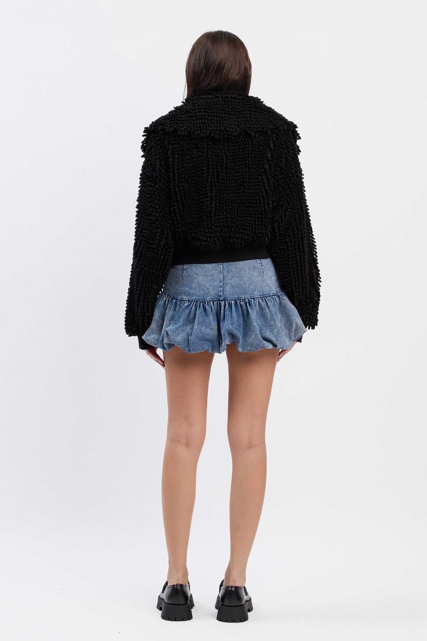 Chunky Collared Chenille Zip - Up Jacket | Cropped Oversized Trendy Streetwear - Blaire Shops
