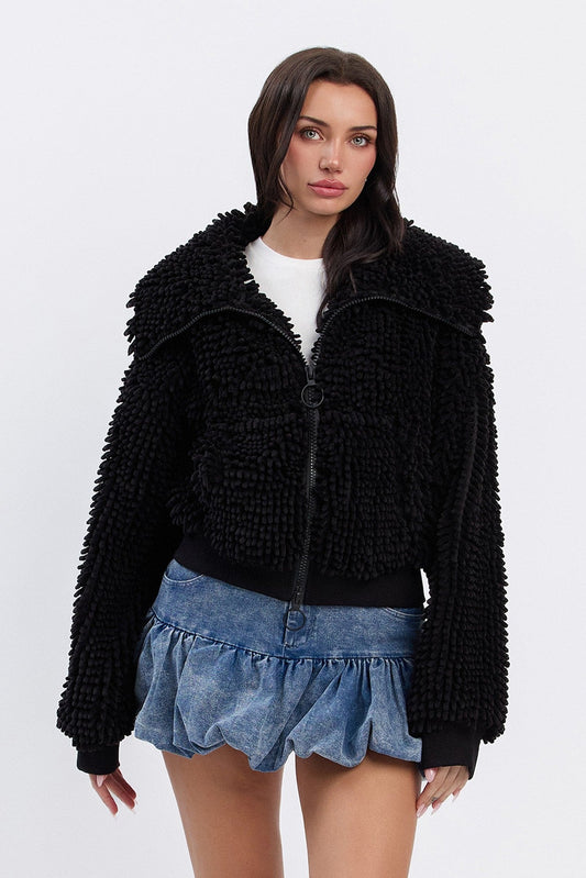 Chunky Collared Chenille Zip - Up Jacket | Cropped Oversized Trendy Streetwear - Blaire Shops
