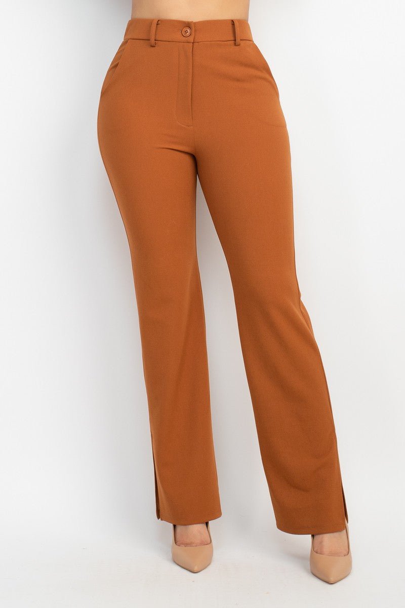 Cognac Side Slit Pants with Elastic Back | Trendy Fall Look - Blaire Shops