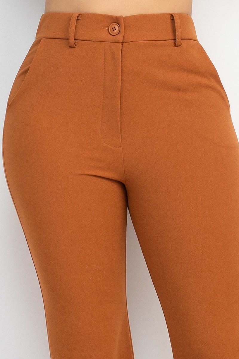 Cognac Side Slit Pants with Elastic Back | Trendy Fall Look - Blaire Shops