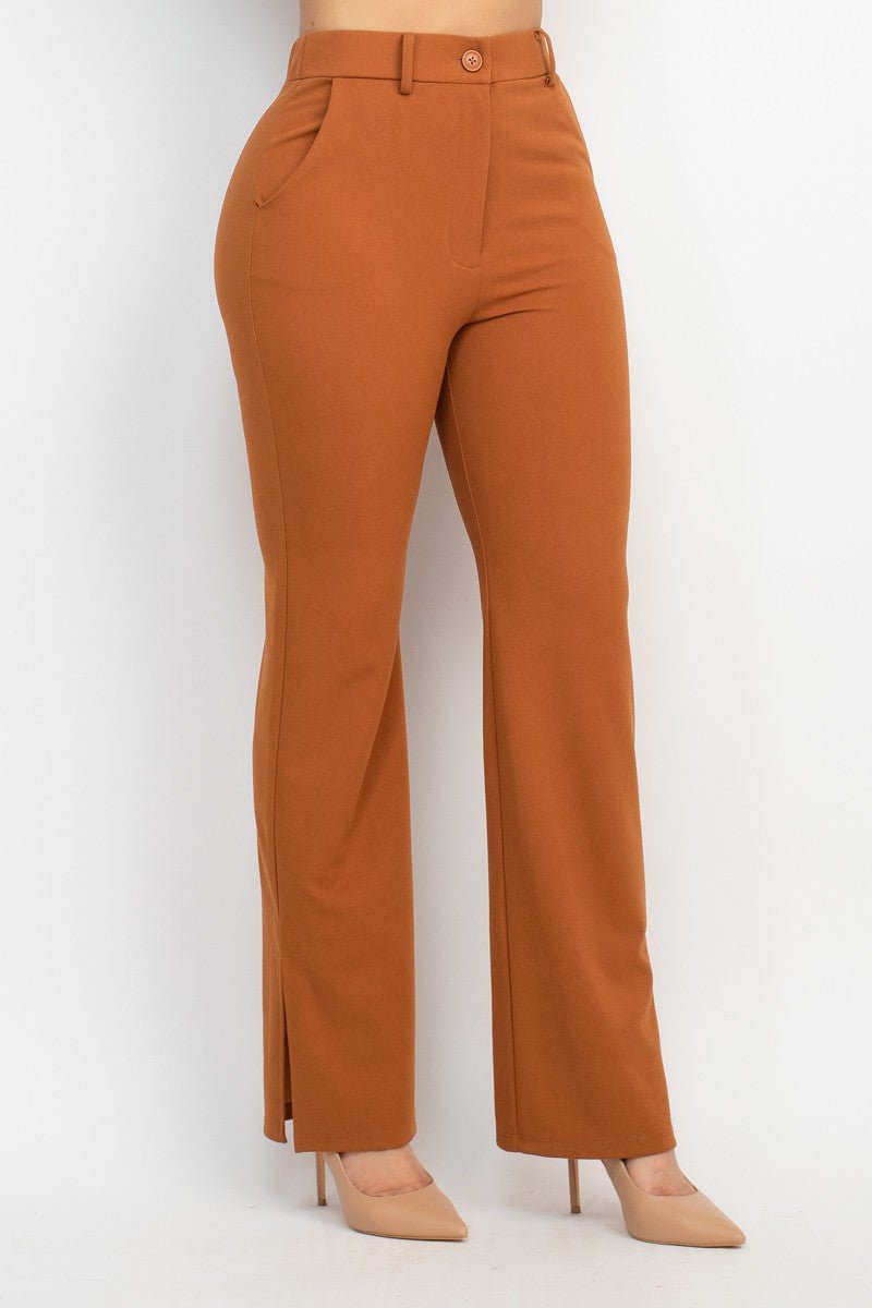 Cognac Side Slit Pants with Elastic Back | Trendy Fall Look - Blaire Shops
