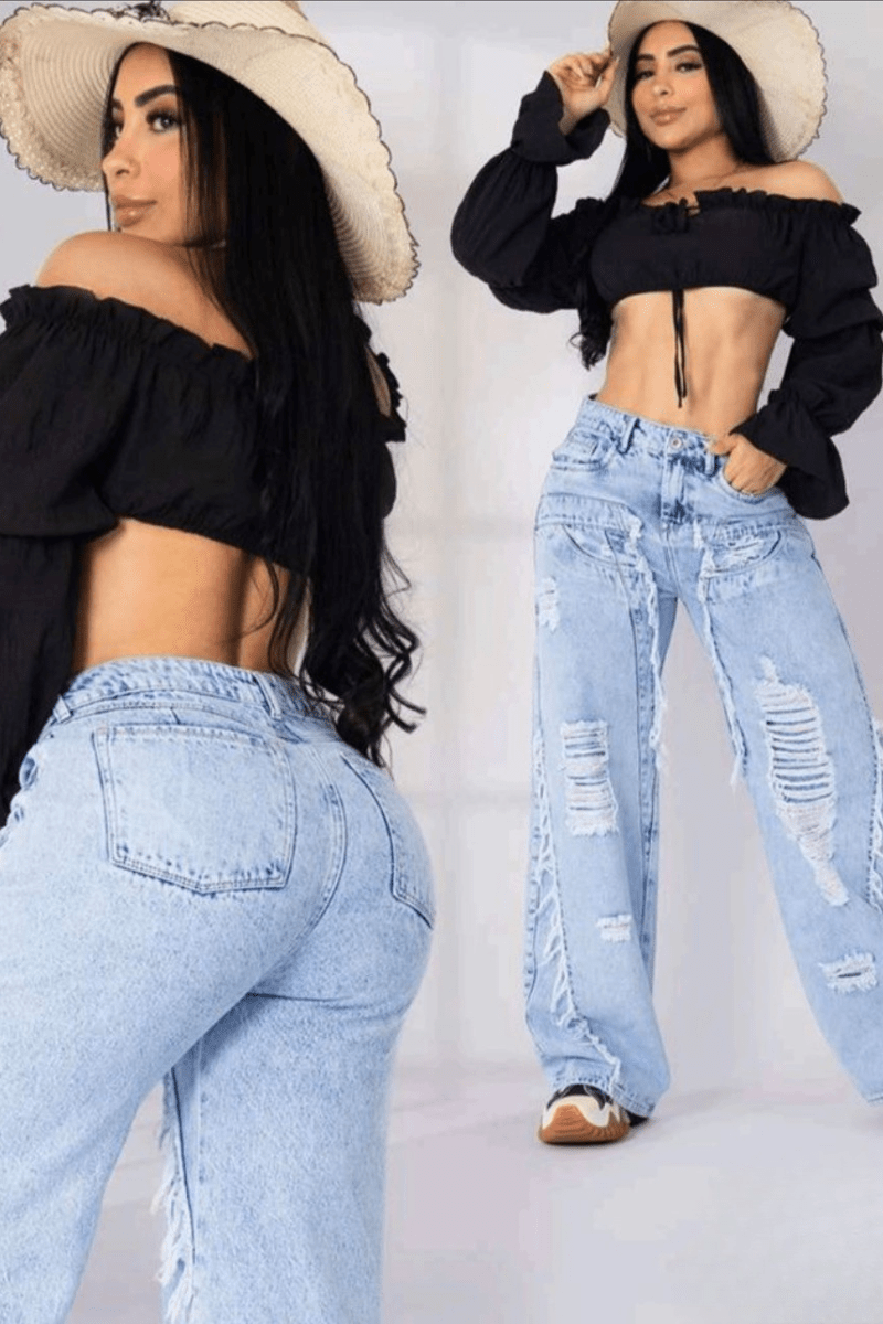 Colombian Wide Leg Distressed Boyfriend Jeans - Blaire Shops