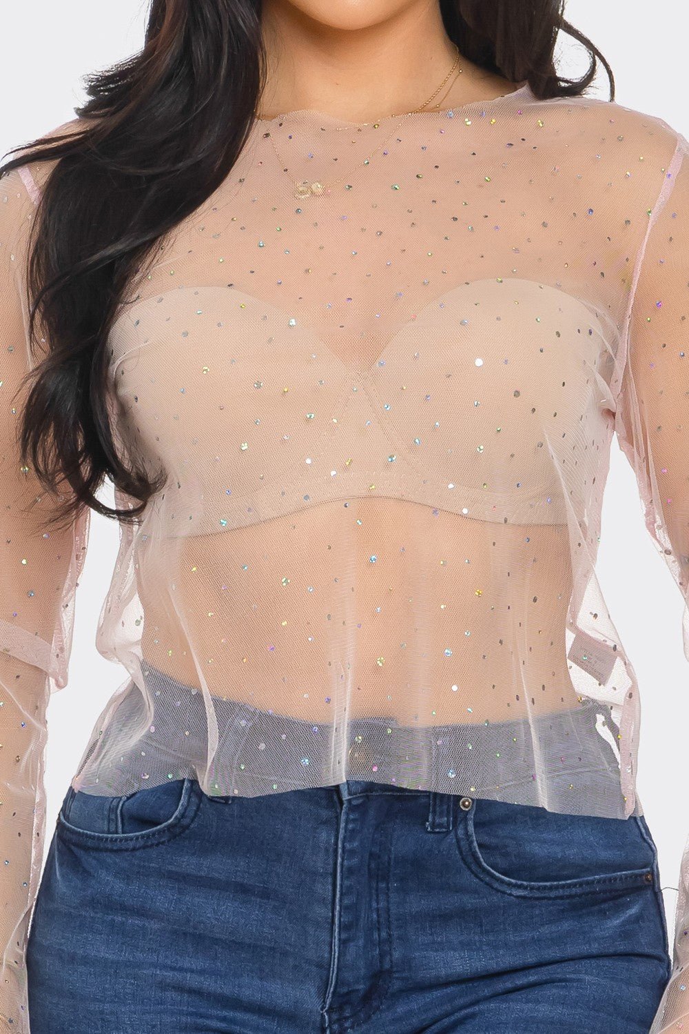 Crystal Studded Mesh Top – Rainbow Rhinestone Sheer Blouse - Blaire Shops