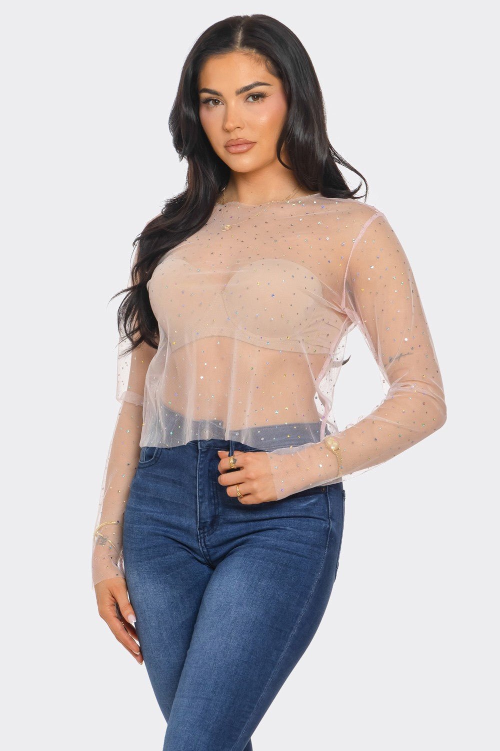 Crystal Studded Mesh Top – Rainbow Rhinestone Sheer Blouse - Blaire Shops