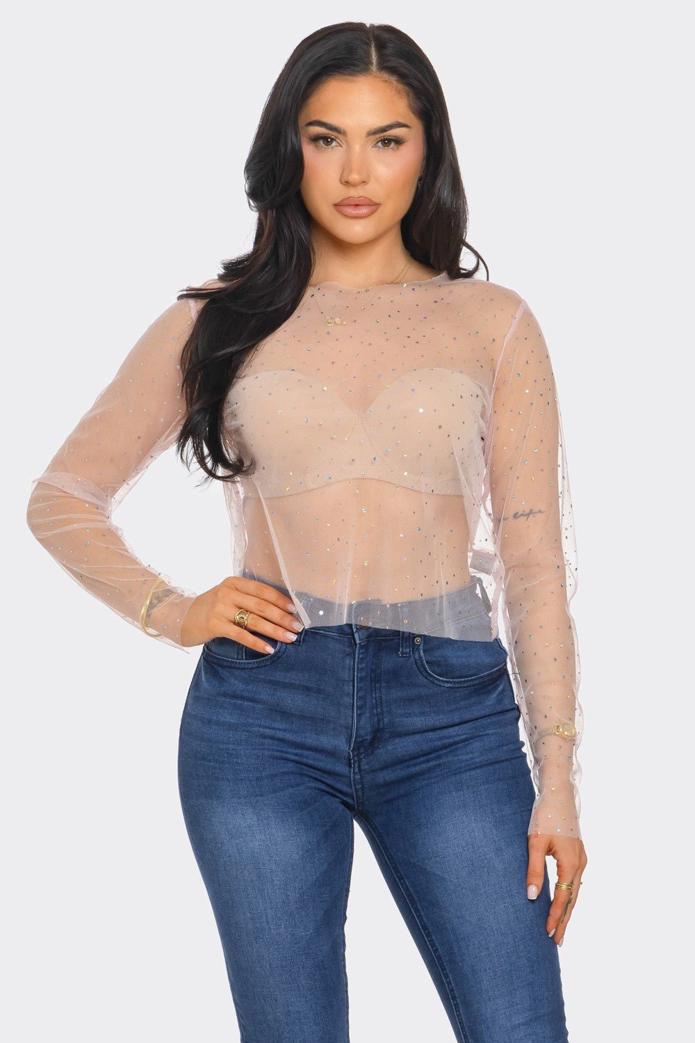 Crystal Studded Mesh Top – Rainbow Rhinestone Sheer Blouse - Blaire Shops