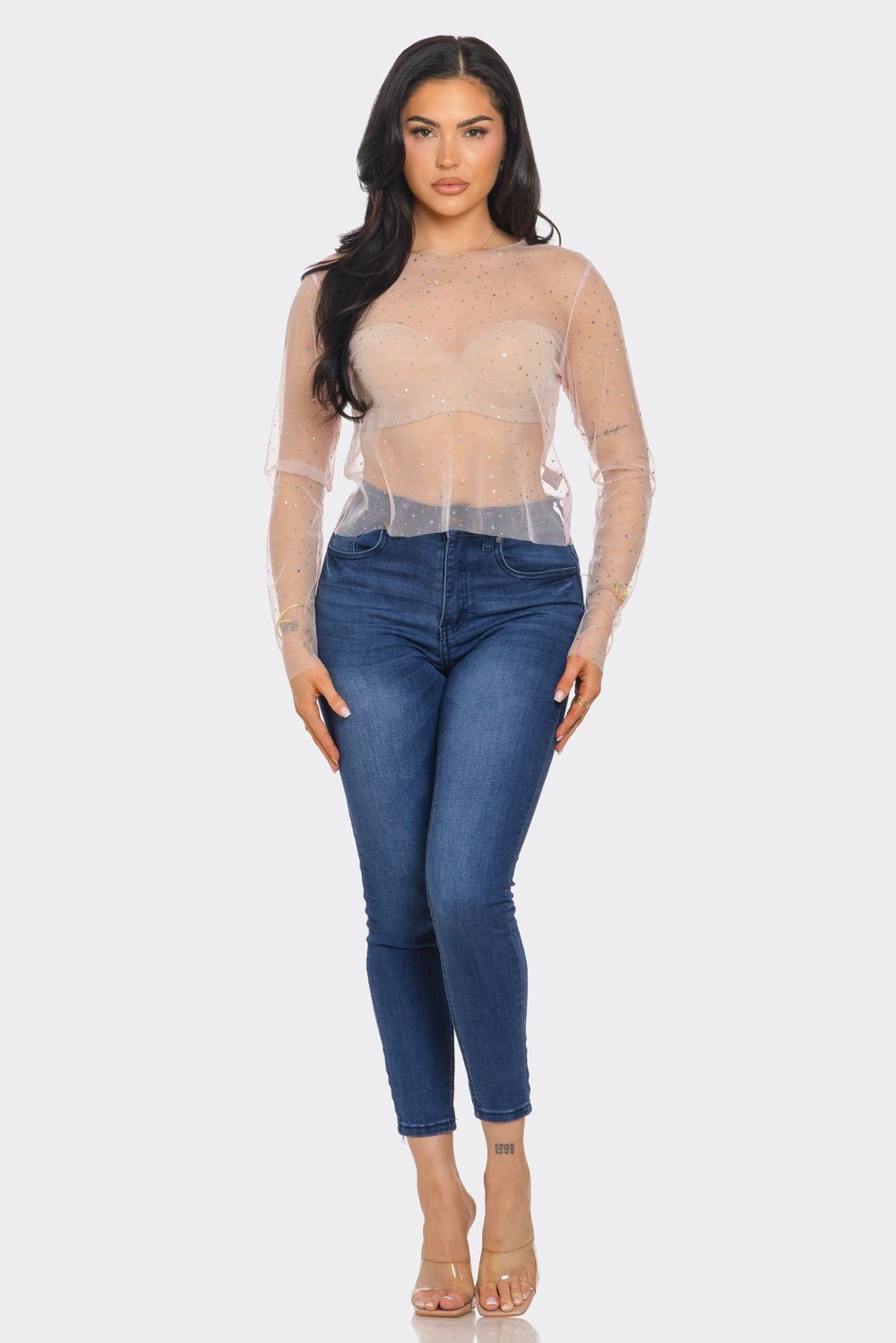 Crystal Studded Mesh Top – Rainbow Rhinestone Sheer Blouse - Blaire Shops