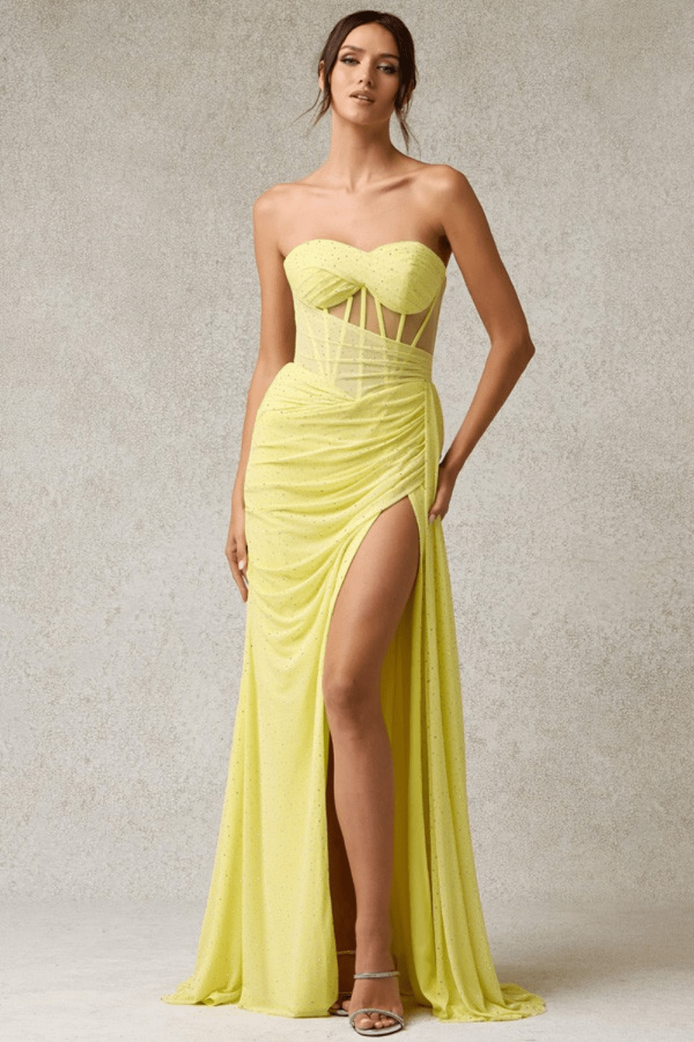 Crystal Sweetheart Corset Gown – Sculpted Wrap Slit Dress - Yellow dress for women Vacation Outfits Birthday Dresses Going Out Looks