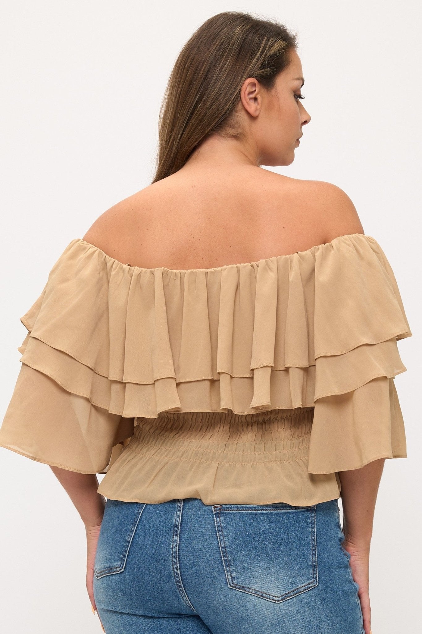 Curvy Romance Off - Shoulder Chiffon Top - khaki top for women Vacation Outfits Birthday Dresses Going Out Looks
